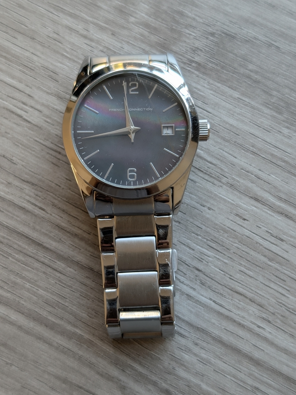 French Connection Silver Bracelet Watch with Dark Iridescent Dial